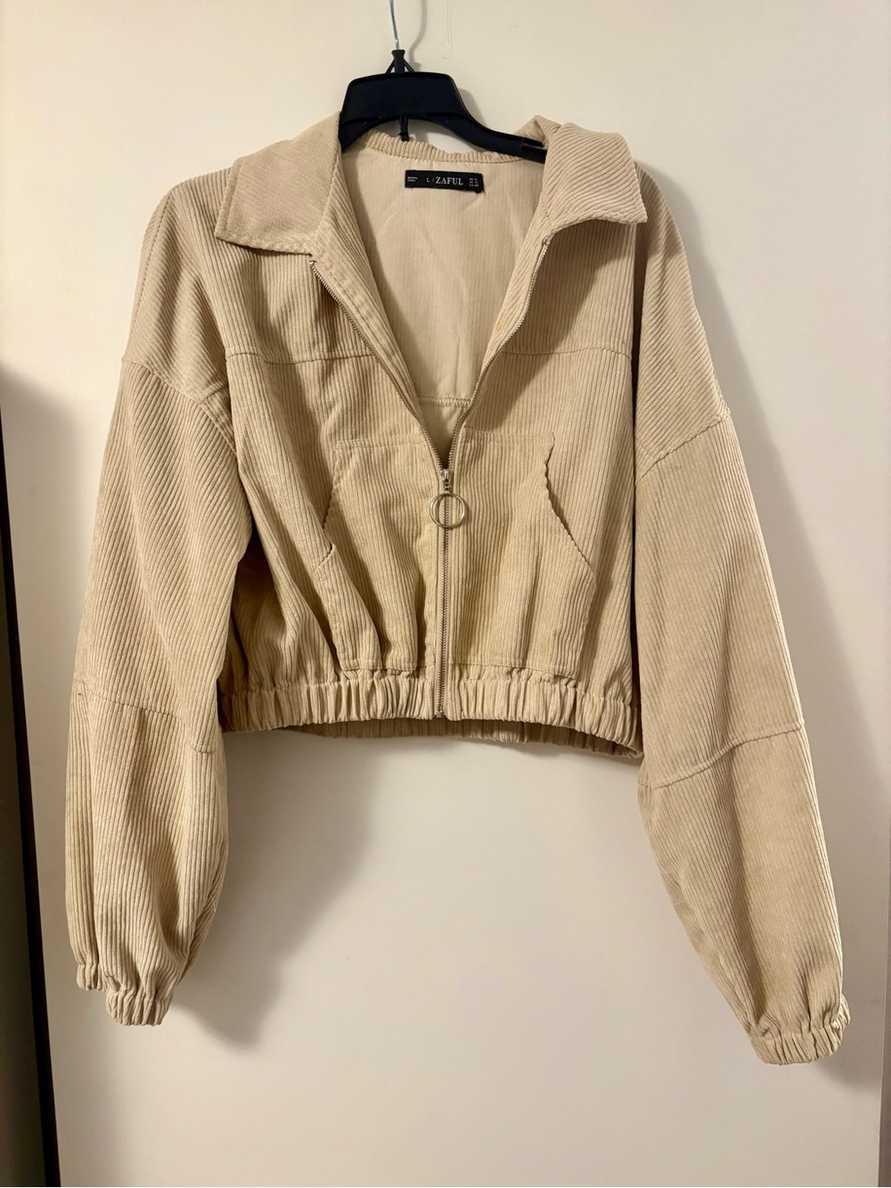 Zaful Beige Corduroy Cropped Bomber with Ring-Zip